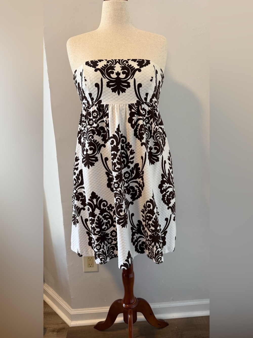 David Meister Strapless Chocolate Damask Babydoll Cocktail Dress Pockets 10